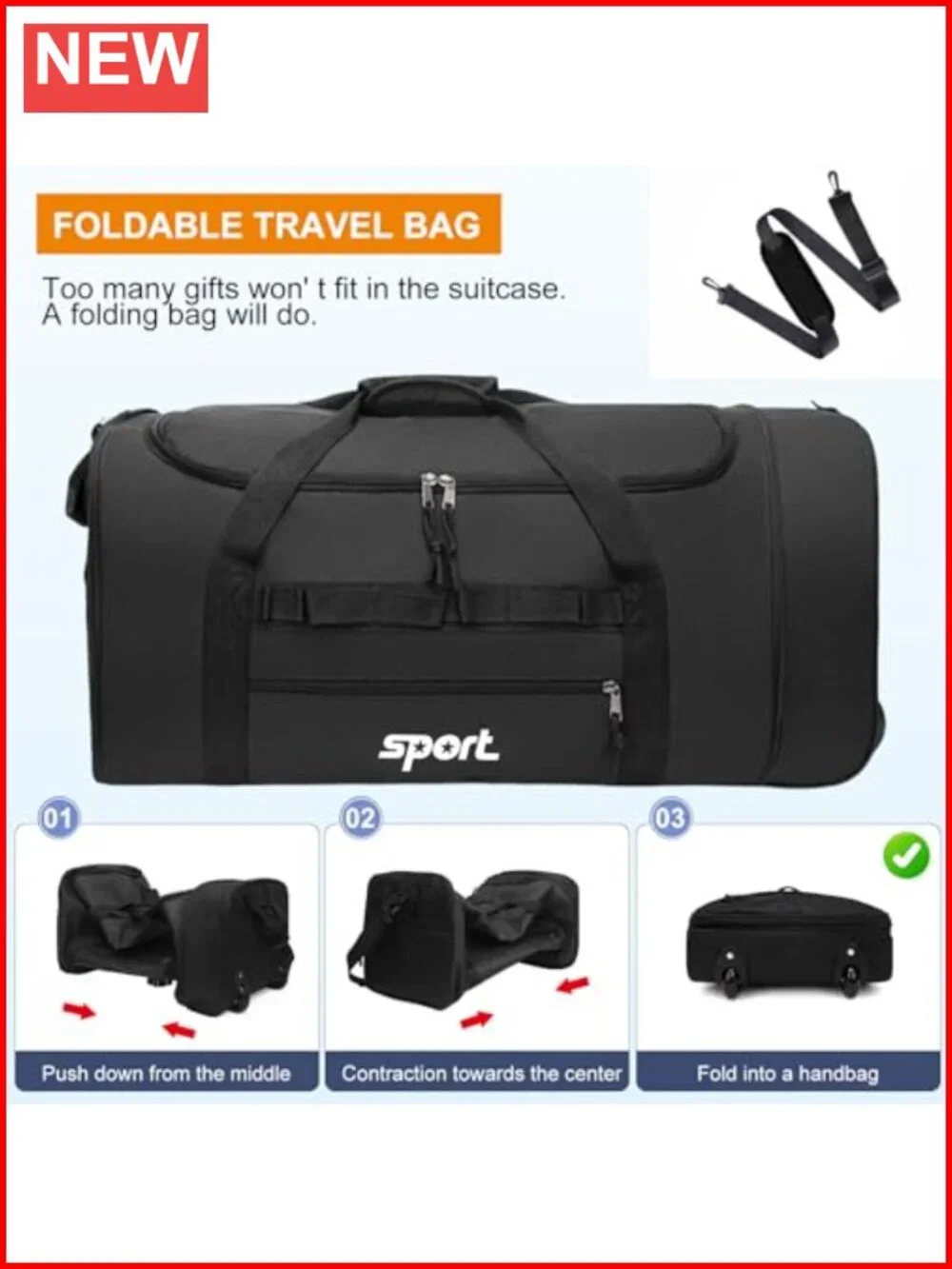 Large Rolling Duffel Bag with 2 Wheels Expandable Foldable Travel Bag No-Sag